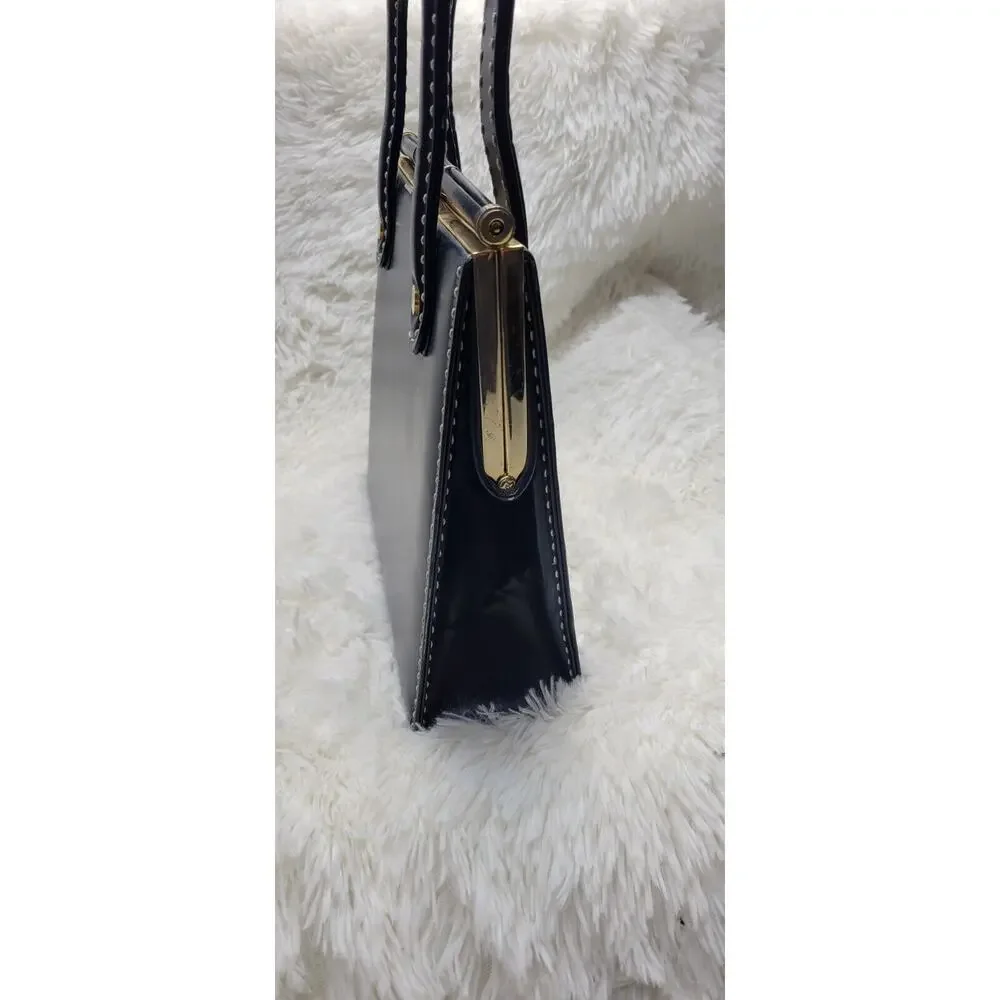 Vintage 1960's Dark Navy Gold Accent Leather Womens Lined Snap Closure Handbag - Picture 2 of 11